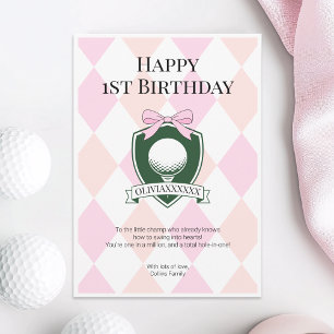 Tarjeta Agujero rosa en un Chica Golf Feliz primer cumplea