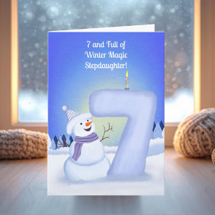 Tarjeta Ahijada Feliz cumpleaños 7 muñeco de nieve