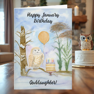 Tarjeta Ahijada Feliz Cumpleaños Enero Torta de Búho