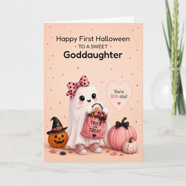 Tarjeta Ahijada Primer Halloween Fantasma Lindo (Anverso)