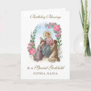 Tarjeta Ahijado católico cumpleaños Jesús con niños