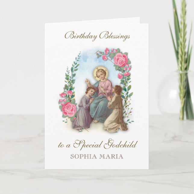 Tarjeta Ahijado católico cumpleaños Jesús con niños (Anverso)