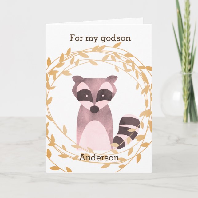Tarjeta Ahijado del cumpleaños del mapache de la caída (Anverso)