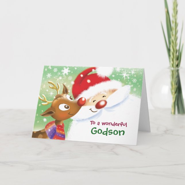 Tarjeta Ahijado, navidad, reno lindo y Santa (Anverso)