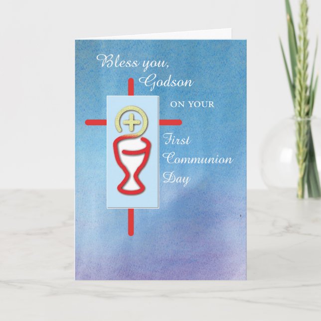 Tarjeta Ahijado, primera comunión santa, azul (Anverso)