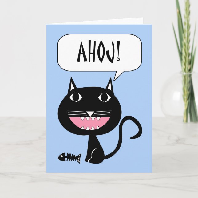 Tarjeta ¡Ahoj! Hola en checo, gato negro con huesos de pes (Anverso)