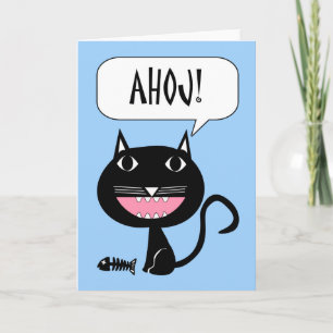 Tarjeta ¡Ahoj! Hola en checo, gato negro con huesos de pes