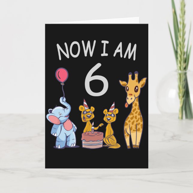 Tarjeta Ahora tengo 6 años, 6 años, cumpleaños en el zooló (Anverso)