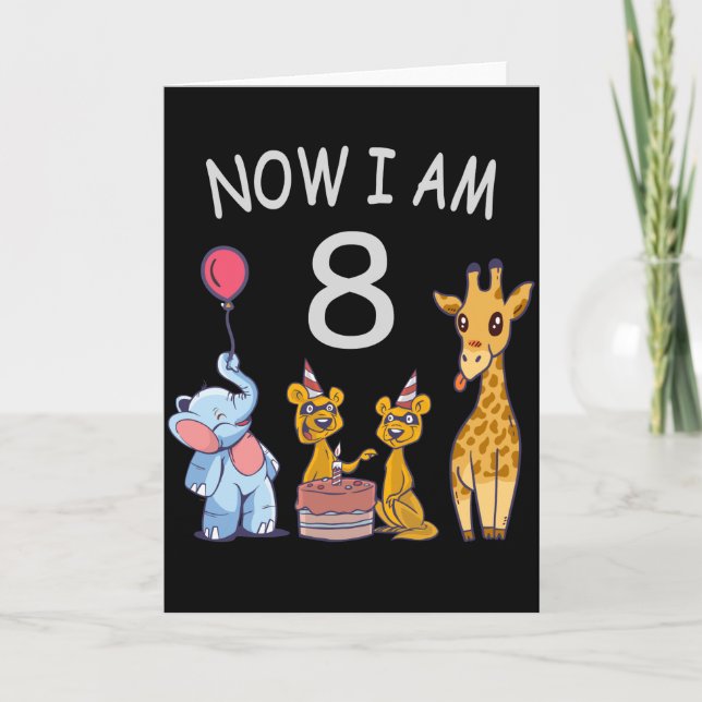 Tarjeta Ahora tengo 8 años, 8 años, cumpleaños en el zooló (Anverso)