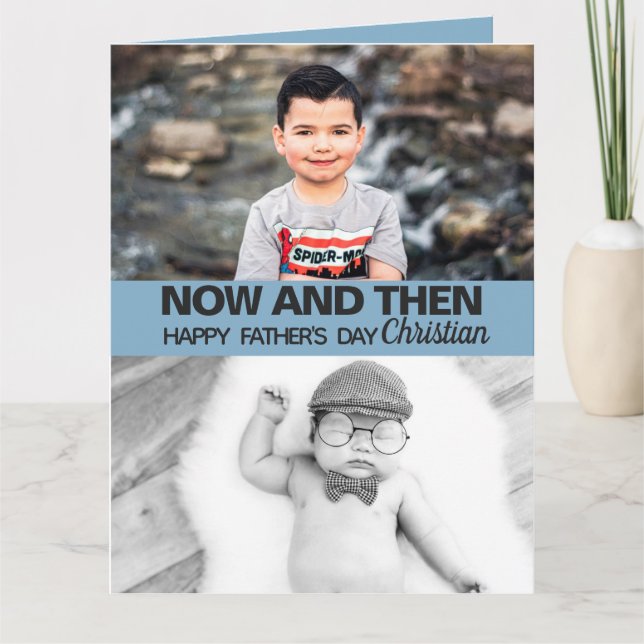 Tarjeta Ahora y después el día del padre con fotos del hij (Anverso)
