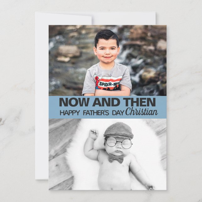 Tarjeta Ahora y después fotos hijo de niño se queda el día (Anverso)