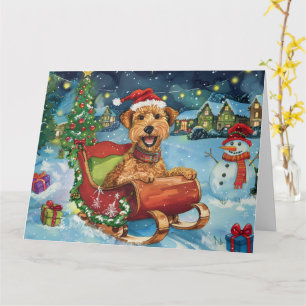 Tarjeta Airedale en trineo nieve Navidad