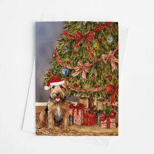 Tarjeta Airedale Terrier acuarela bajo árbol de Navidad