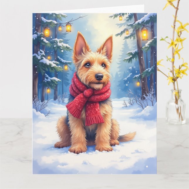 Tarjeta Airedale Terrier acuarela Navidad nevada (flor amarilla)