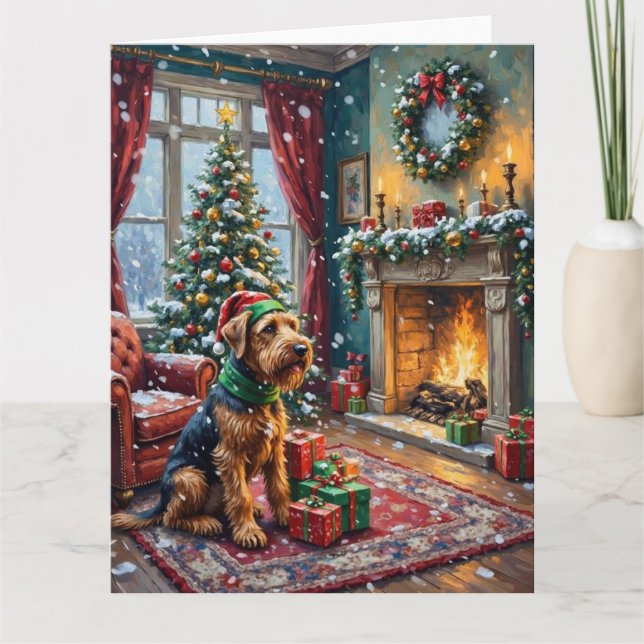 Tarjeta Airedale Terrier Christmas Victorian Living Room (Anverso)