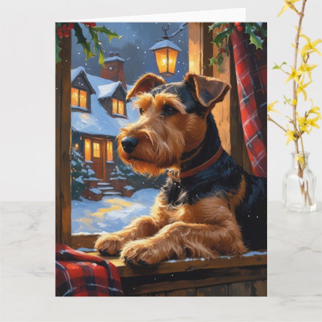 Tarjeta Airedale Terrier con vacaciones de Navidades alumb (flor amarilla)