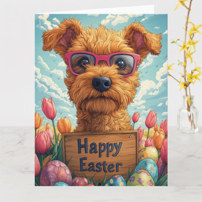 Tarjeta Airedale Terrier Eggs de Pascua (flor amarilla)