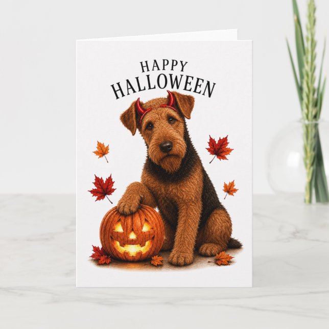 Tarjeta Airedale Terrier Halloween Perro Diablo (Anverso)