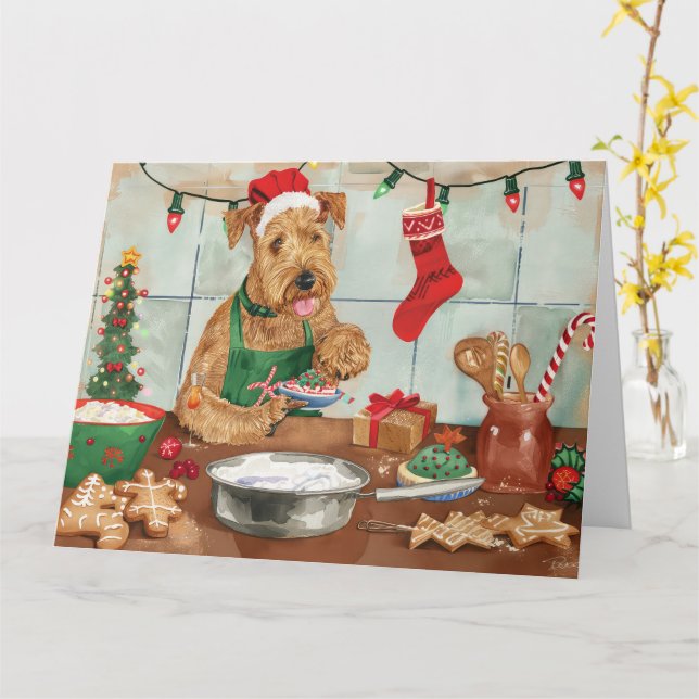 Tarjeta Airedale Terrier Holiday Baking: Navidades festivo (flor amarilla)