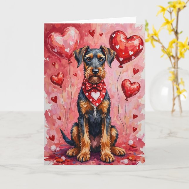 Tarjeta Airedale Terrier perro del día de San Valentín con (flor amarilla)