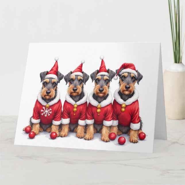 Tarjeta Airedale Terrier vestido de Navidad con sombrero d (Anverso)