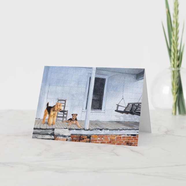 Tarjeta Airedale Terriers en la Veranda (Anverso)