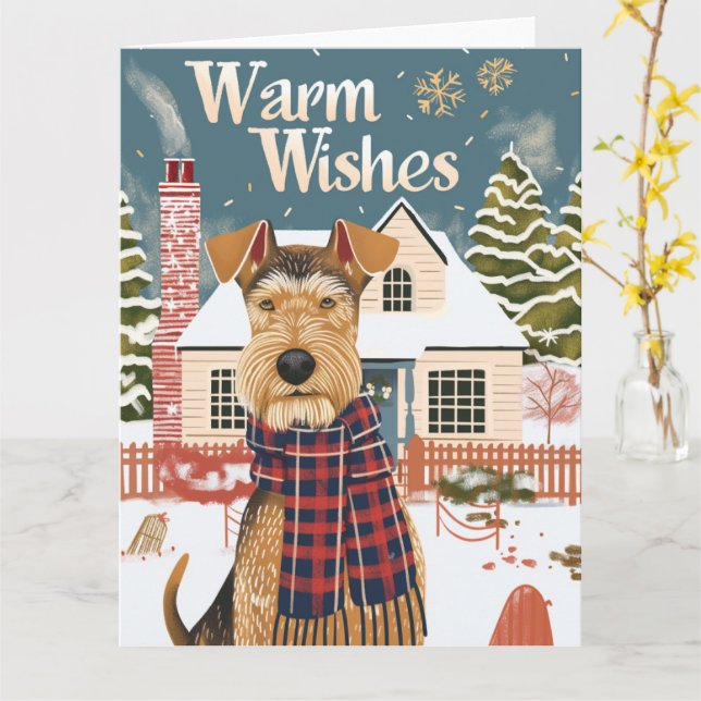 Tarjeta Airedale Warm Wishes Navidades (flor amarilla)