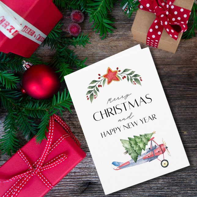 Tarjeta Airplane carries Christmas Tree Family Photo Funny (Subido por el creador)