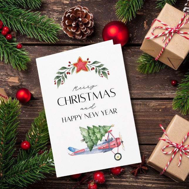 Tarjeta Airplane carries Christmas Tree Family Photo Funny (Subido por el creador)