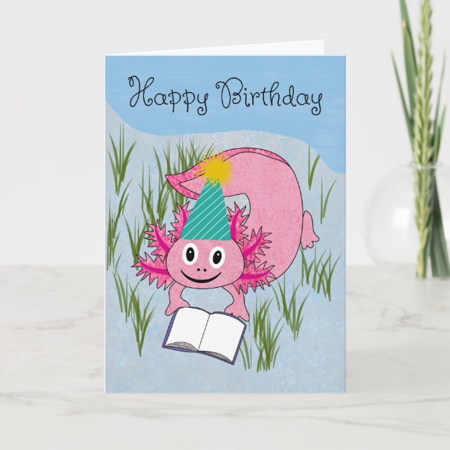 Tarjeta Ajolote de cumpleaños con sombrero de fiesta (Anverso)