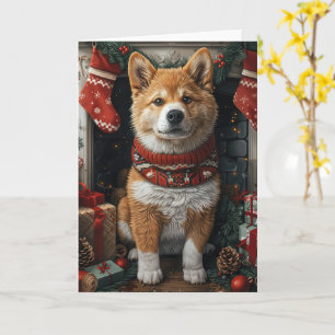 Tarjeta Akita Americano con regalos de Navidad Chimenea