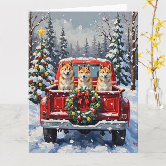 Tarjeta Akita Christmas Red Truck Holiday (flor amarilla)