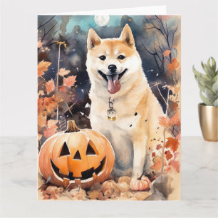 Tarjeta Akita de Halloween con calabazas aterrador