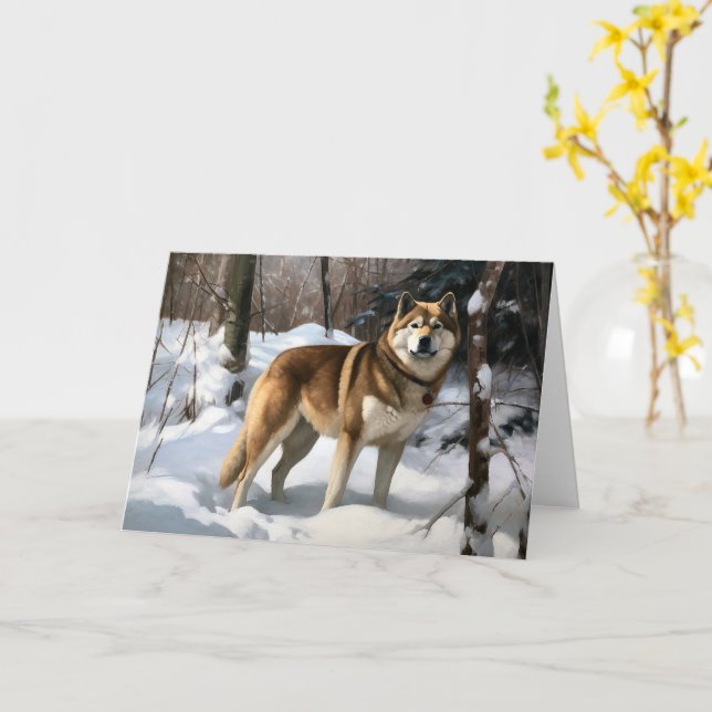 Tarjeta Akita Deja que nieve Navidad (flor amarilla)