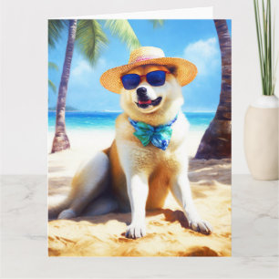 Tarjeta Akita en la playa, regalo de verano para amantes d
