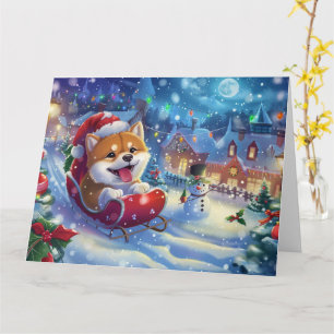 Tarjeta Akita en Navidades de la Nieve de Sleigh