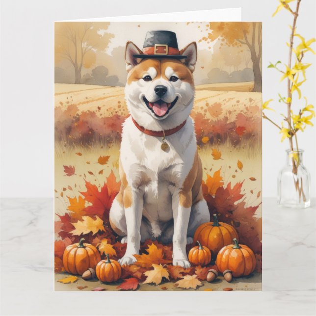 Tarjeta Akita en otoño deja arte de Acción de Gracias (flor amarilla)