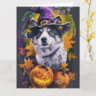 Tarjeta Akita espeluznante de Halloween Bruja y Calabaza 