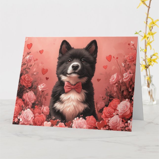 Tarjeta Akita estadounidense con Rosas - El día de San Val (flor amarilla)
