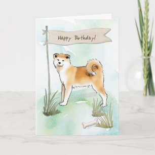 Tarjeta Akita Inu raza de perro bajo letrero de cumpleaños