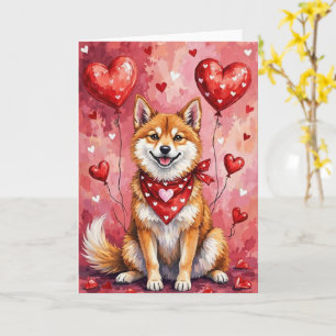 Tarjeta Akita Inu San Valentín Perro Sentado con Corazones