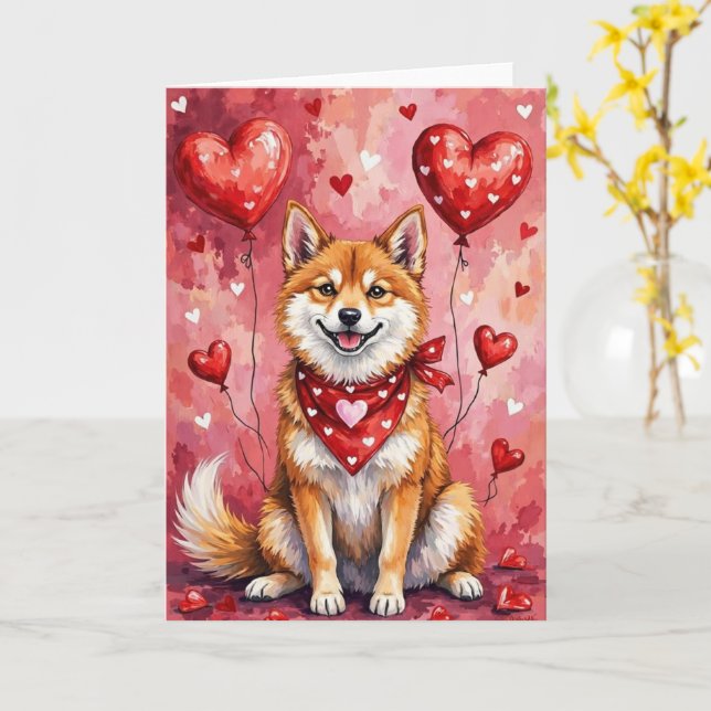 Tarjeta Akita Inu Valentine Dog Sitting with Hearts Red (flor amarilla)