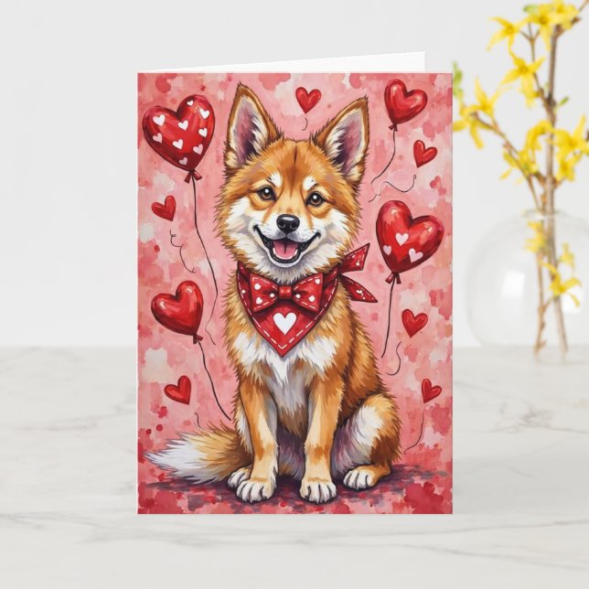 Tarjeta Akita Valentine’s Day Dog with Hearts Red (flor amarilla)