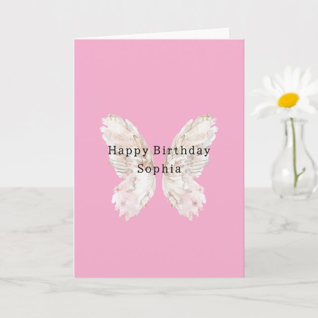 Tarjeta Alas de Mariposa Rosa de Cumpleaños Femenino (Planta pequeña)