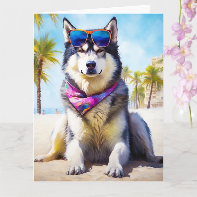 Tarjeta Alaska Malamute en la playa, regalo de verano (Orquídea)