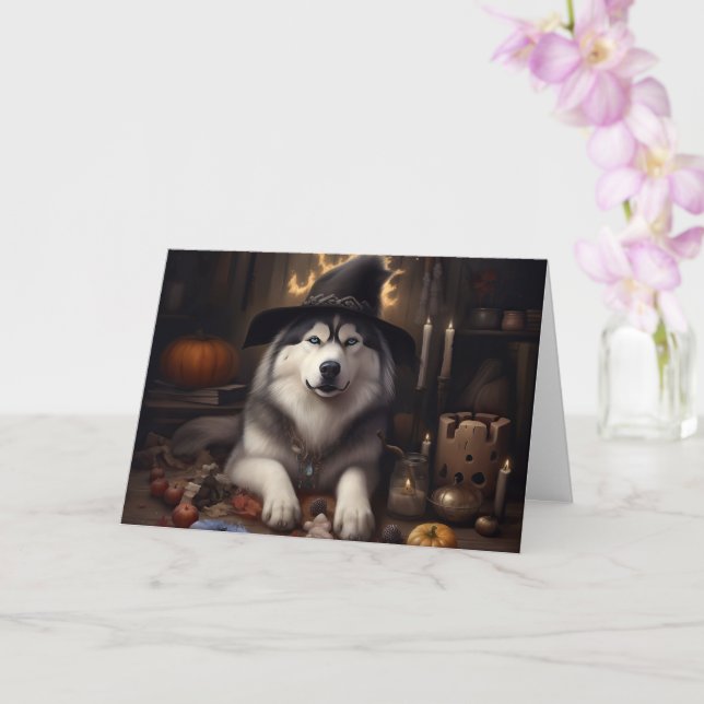 Tarjeta Alaskan Malamute calza calabazas de Halloween (Orquídea)