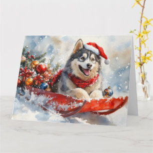Tarjeta Alaskan Malamute en Trineo Deja que nieve Navidad