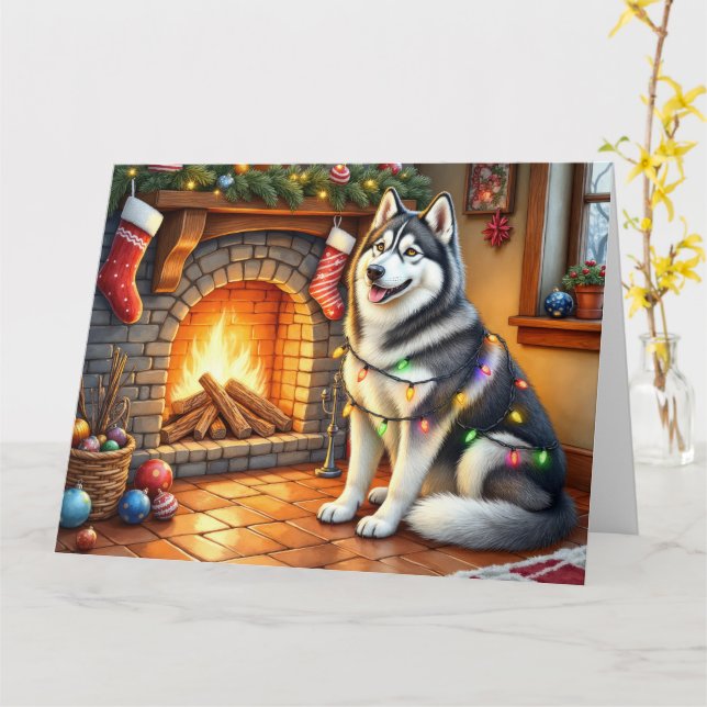 Tarjeta Alaskan Malamute Fireplace with Christmas Lights (flor amarilla)