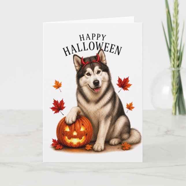 Tarjeta Alaskan Malamute Halloween Perro Diablo (Anverso)