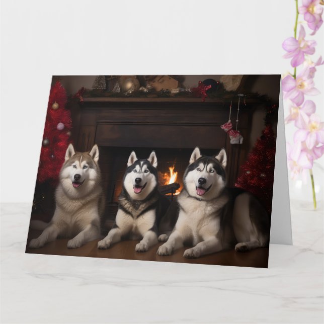 Tarjeta Alaskan Malamute junto a los Navidades de la chime (Orquídea)